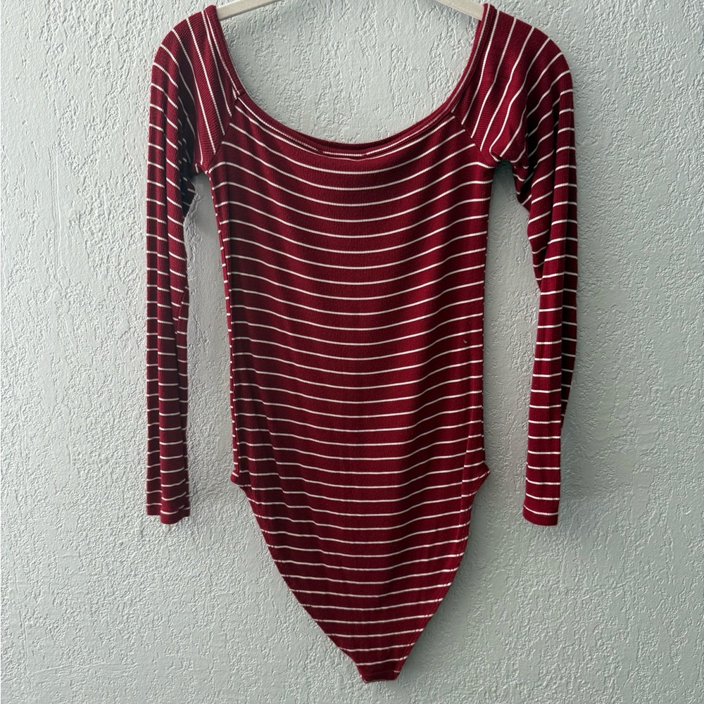 Forever 21 Burgundy and White Striped Bodysuit